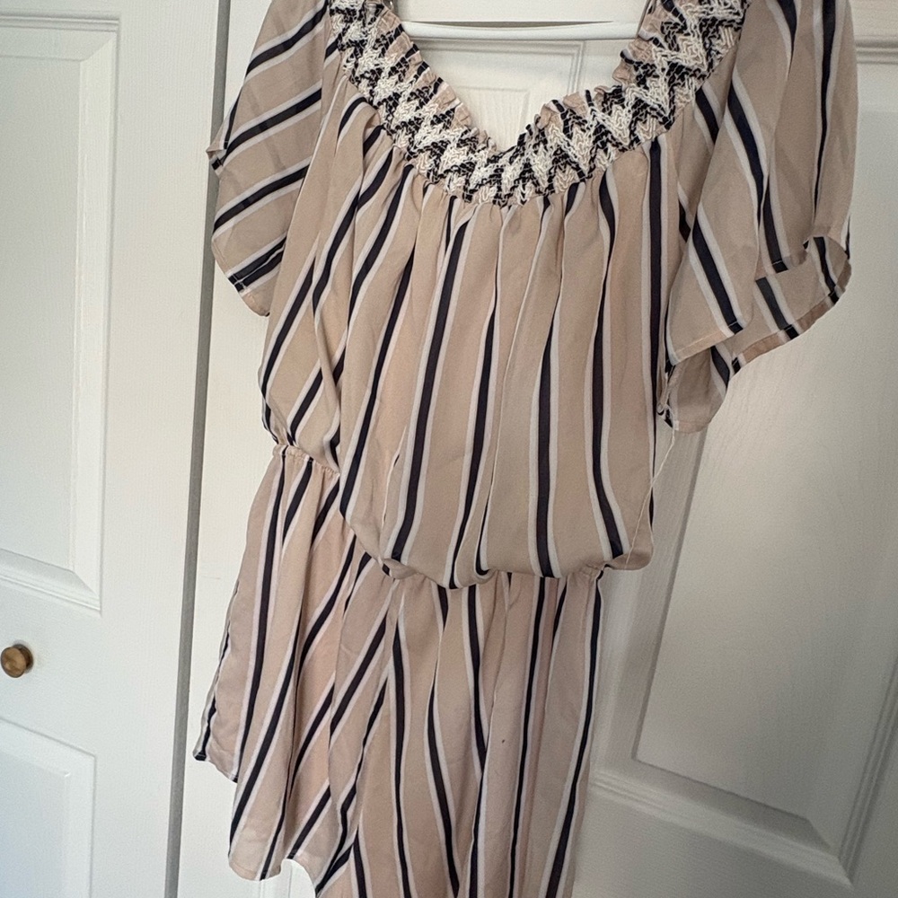 Striped Beige and Navy Smocked Neck One Piece